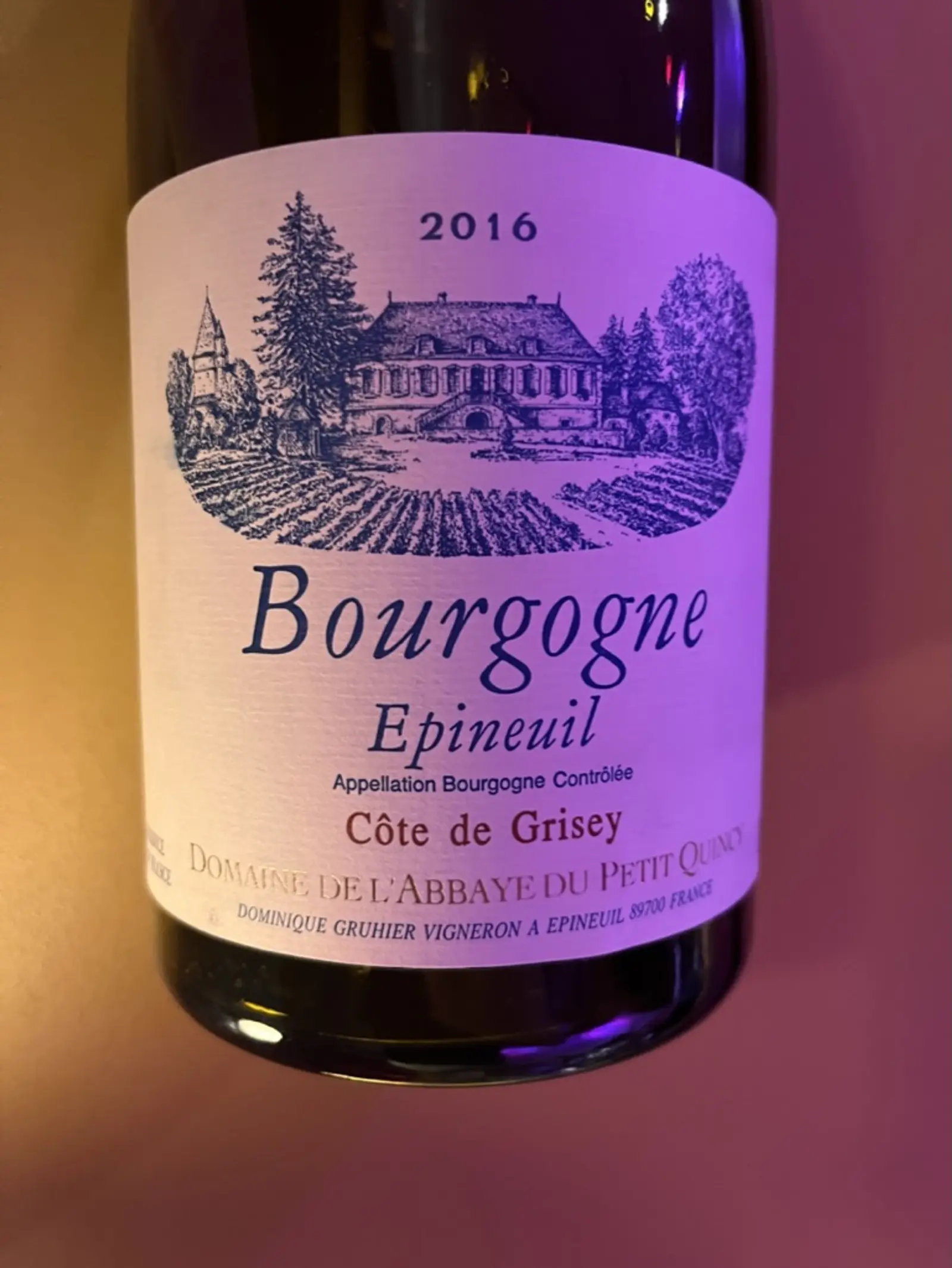 Dominuque Gruhier Domaine de L'Abbaye du Petit Quincy Bourgogne Epineuil Côte de Grisey 2016